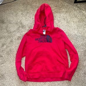 The North Face red hoodie black logo Mens Medium slightly distressed